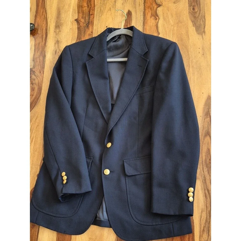 Stafford Vtg. Wool Smooth Blazer with Gold Medallion Buttons Size 40 R